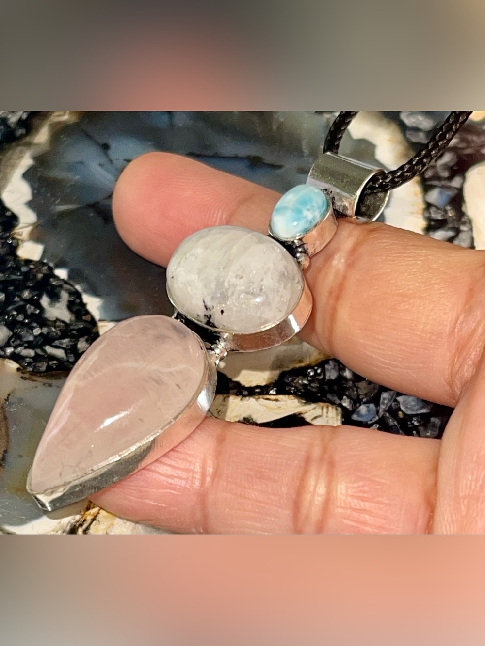 Petite Larimar, Rainbow Moonstone & Rose Quartz Crystal Pendant 2 1/2” - Picture 9 of 17